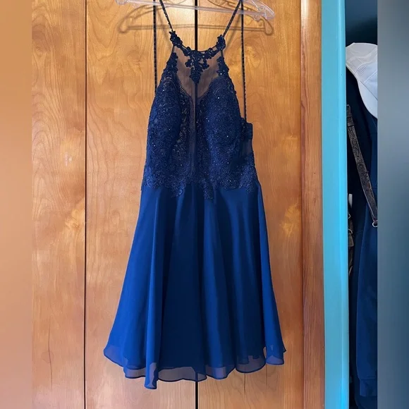 sachin and babi light blue dress Sexy Keyhole Halter Mini Dark Navy Sequins Homecoming Dress